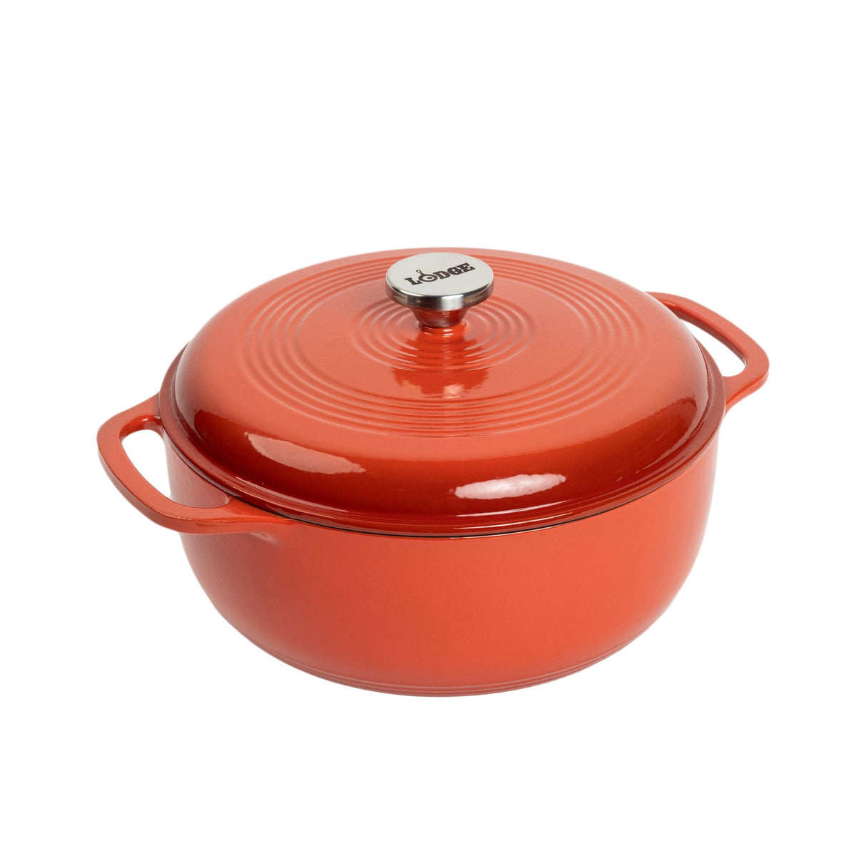 Lodge poppy Dutch oven front view showing vibrant color and versatile cooking benefit