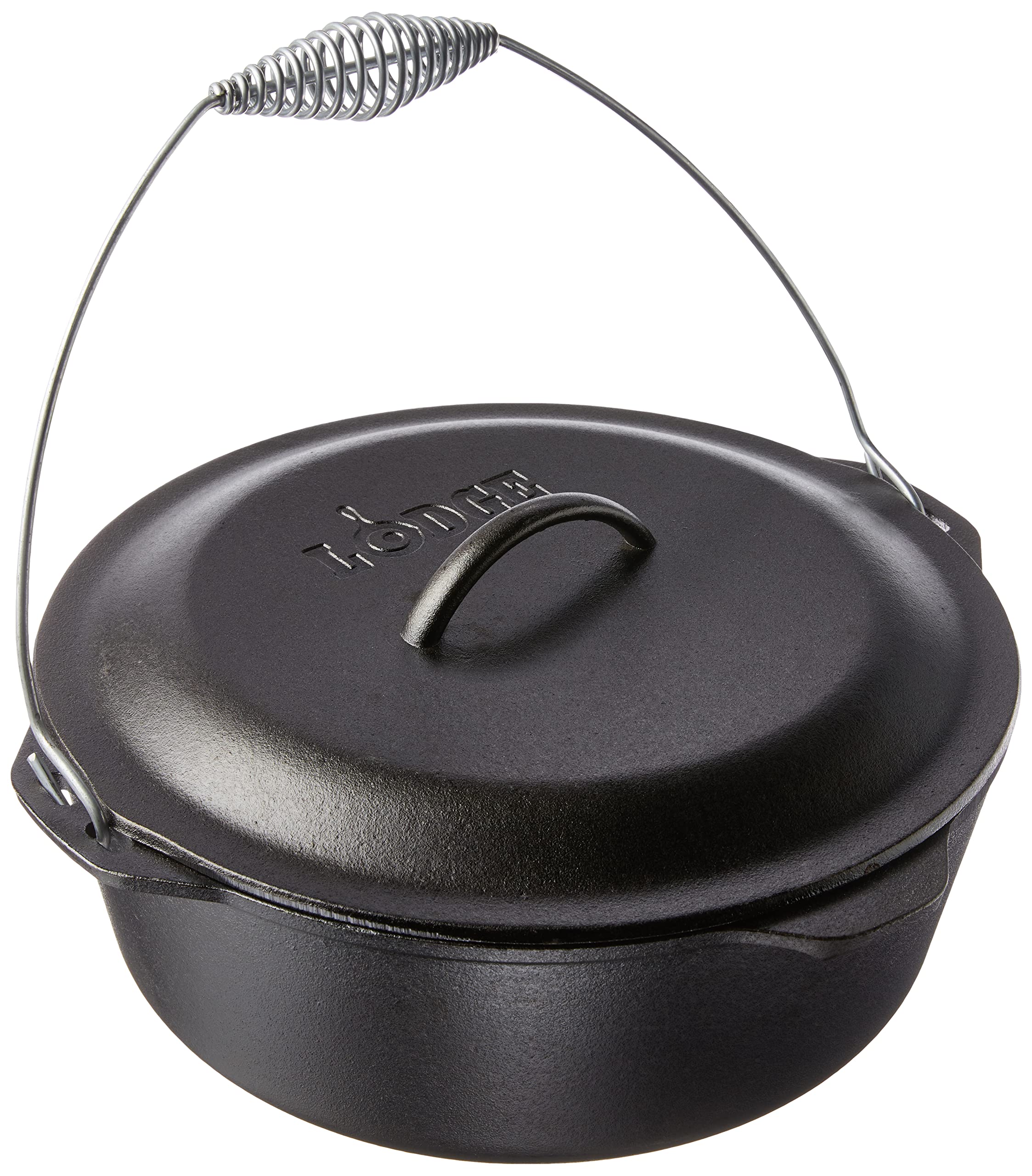 Lodge dutch oven front view showing sturdy cast iron and classic black finish which lasts