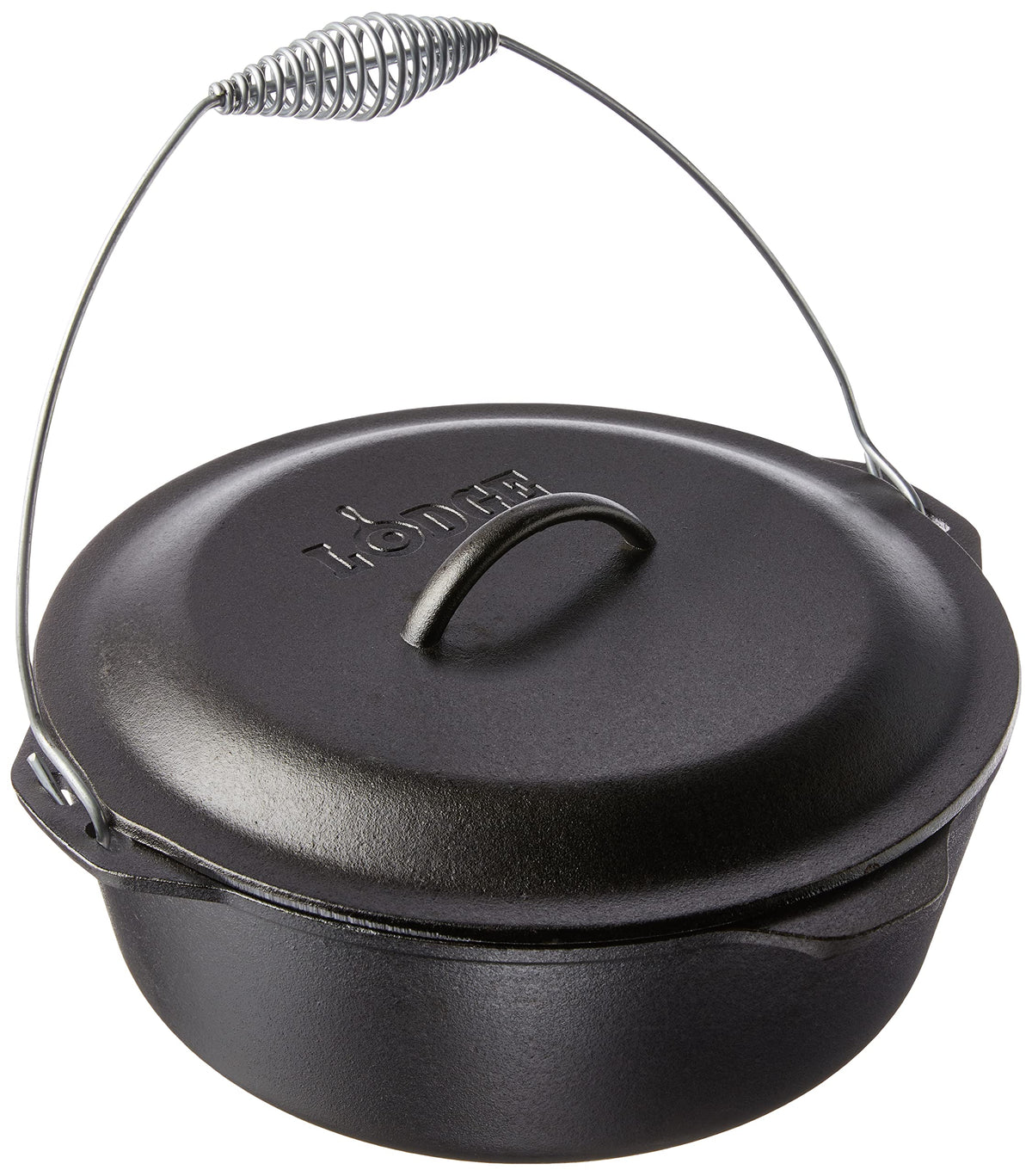 Lodge dutch oven front view showing sturdy cast iron and classic black finish which lasts