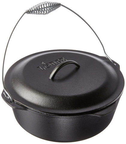 Lodge dutch oven front view showing sturdy cast iron and classic black finish which lasts