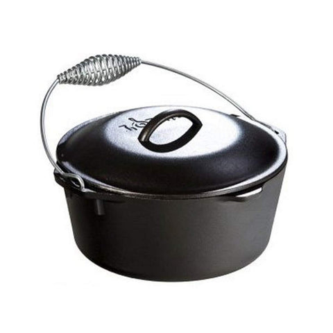 Lodge Dutch oven front view showing black cast iron and tight lid, durable cooking