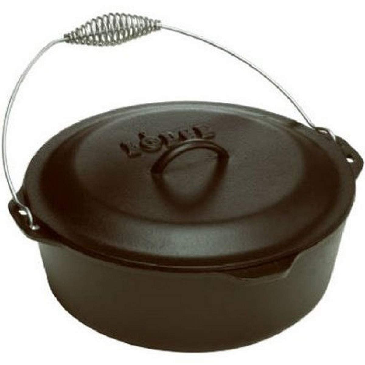 Lodge cast iron Dutch oven front view showing sturdy design and capacity benefit