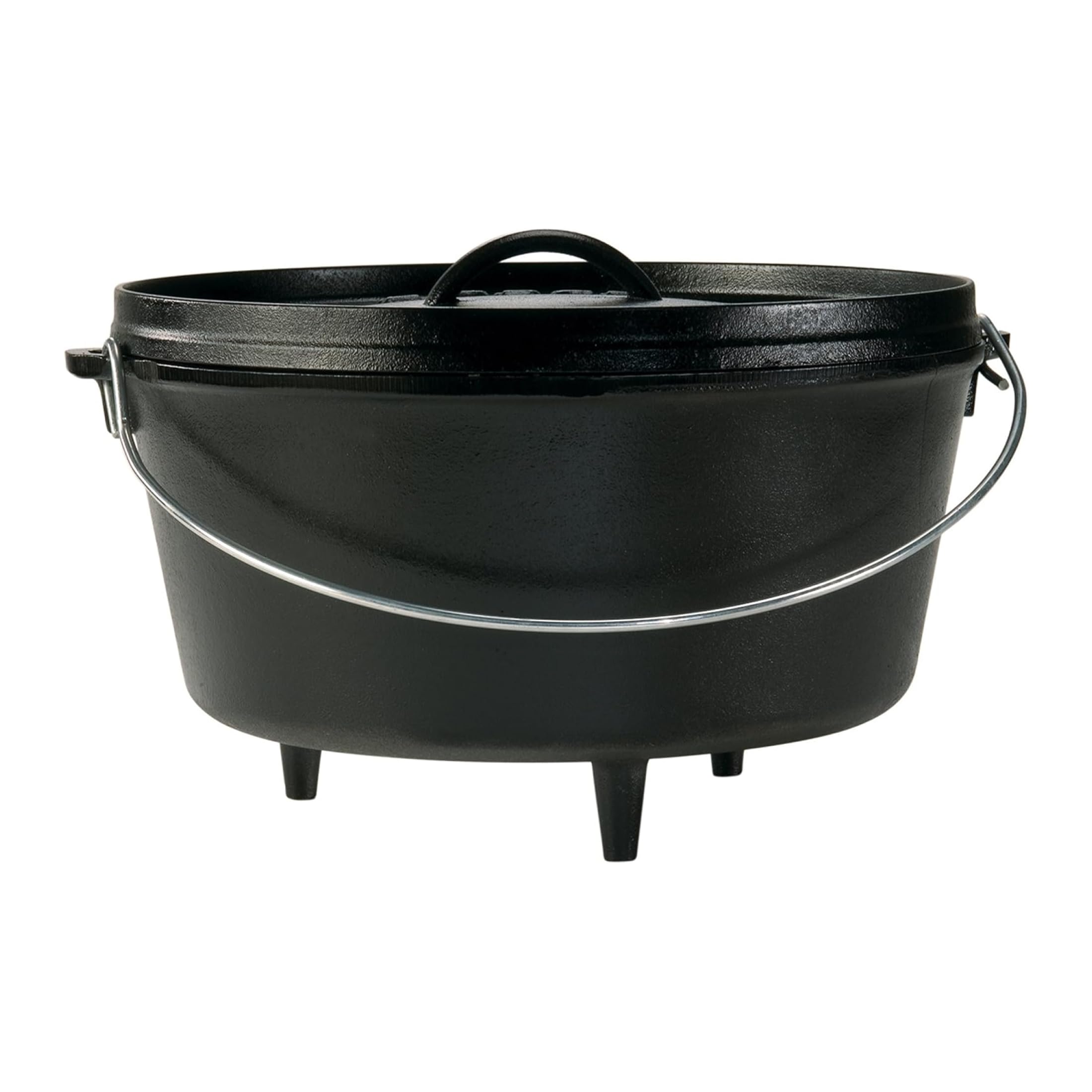 Lodge deep camp Dutch oven front view showing robust cast iron and capacity benefit
