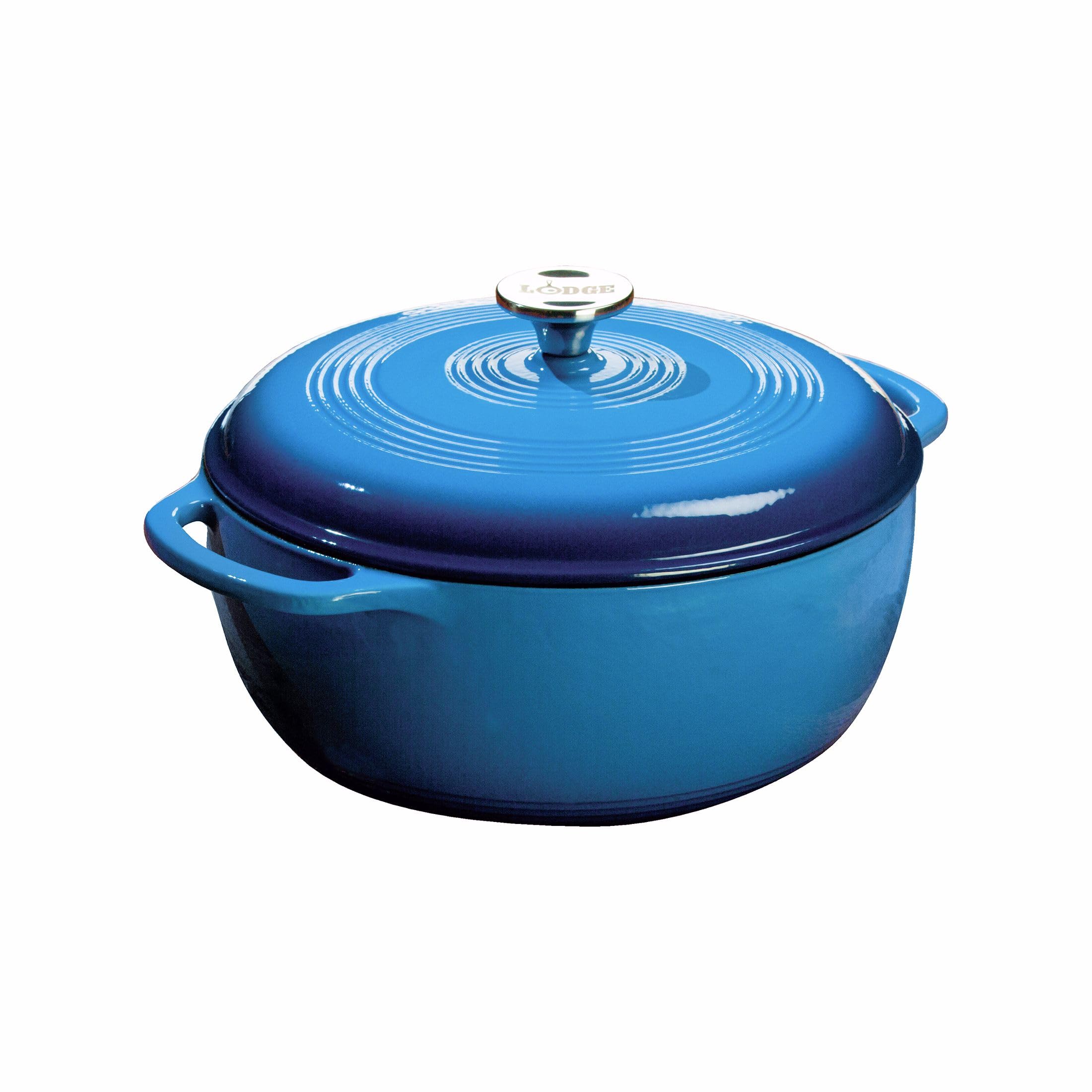 Lodge Dutch oven front view showing Caribbean Blue finish and serving-ready look