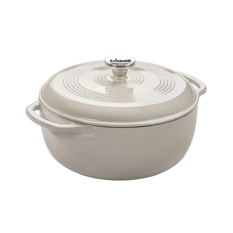 Lodge Dutch oven front view showing oyster white finish and sturdy handles for easy serving