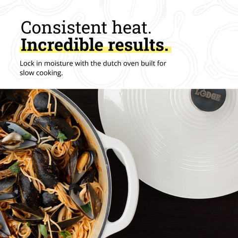 Lodge interior porcelain enamel surface visible for easy cleaning and no-seasoning benefit