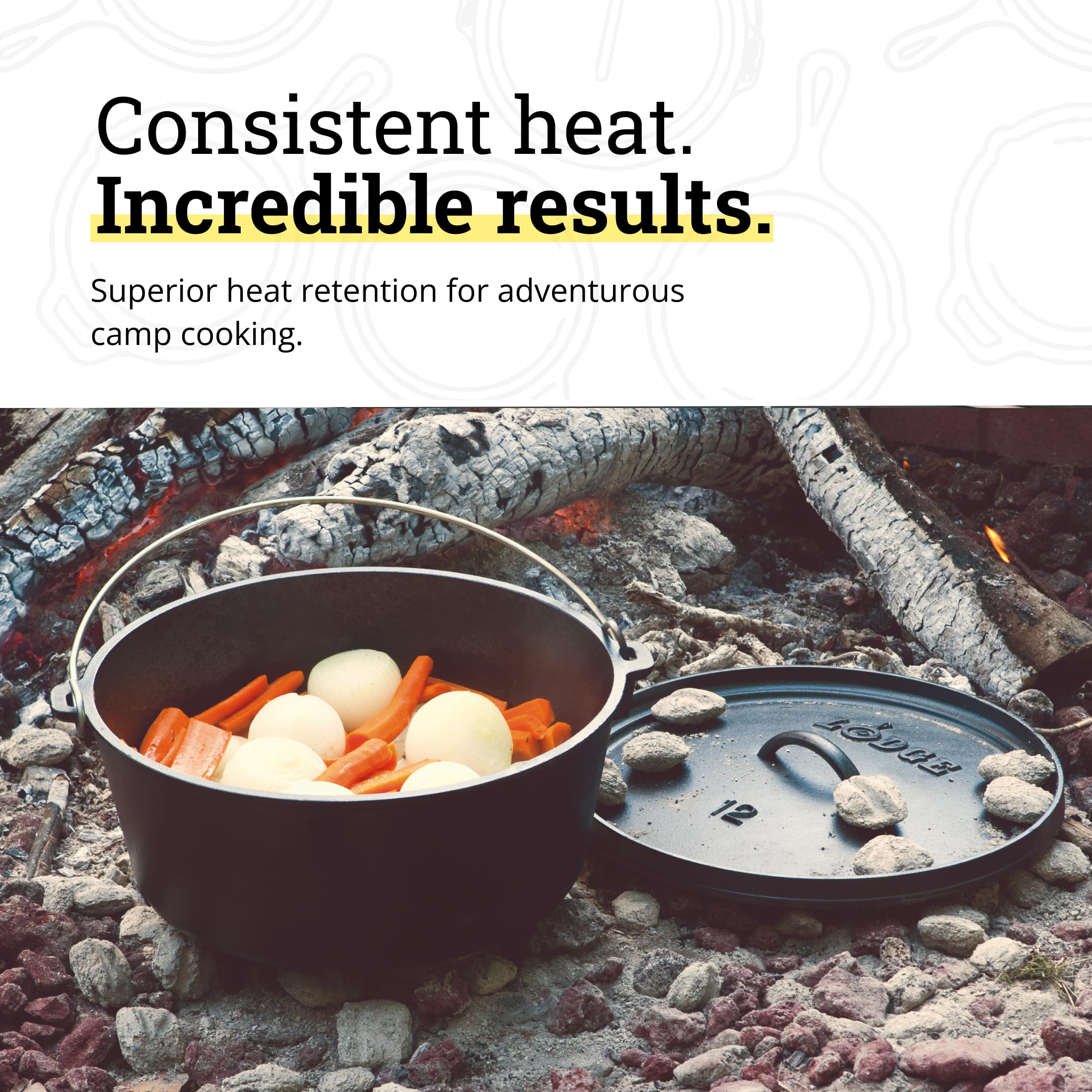 Lodge integral legs detail showcasing stable placement over coals benefit