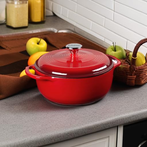 Lodge enamel Dutch oven lid close-up with stainless knob highlighting oven-safe benefit