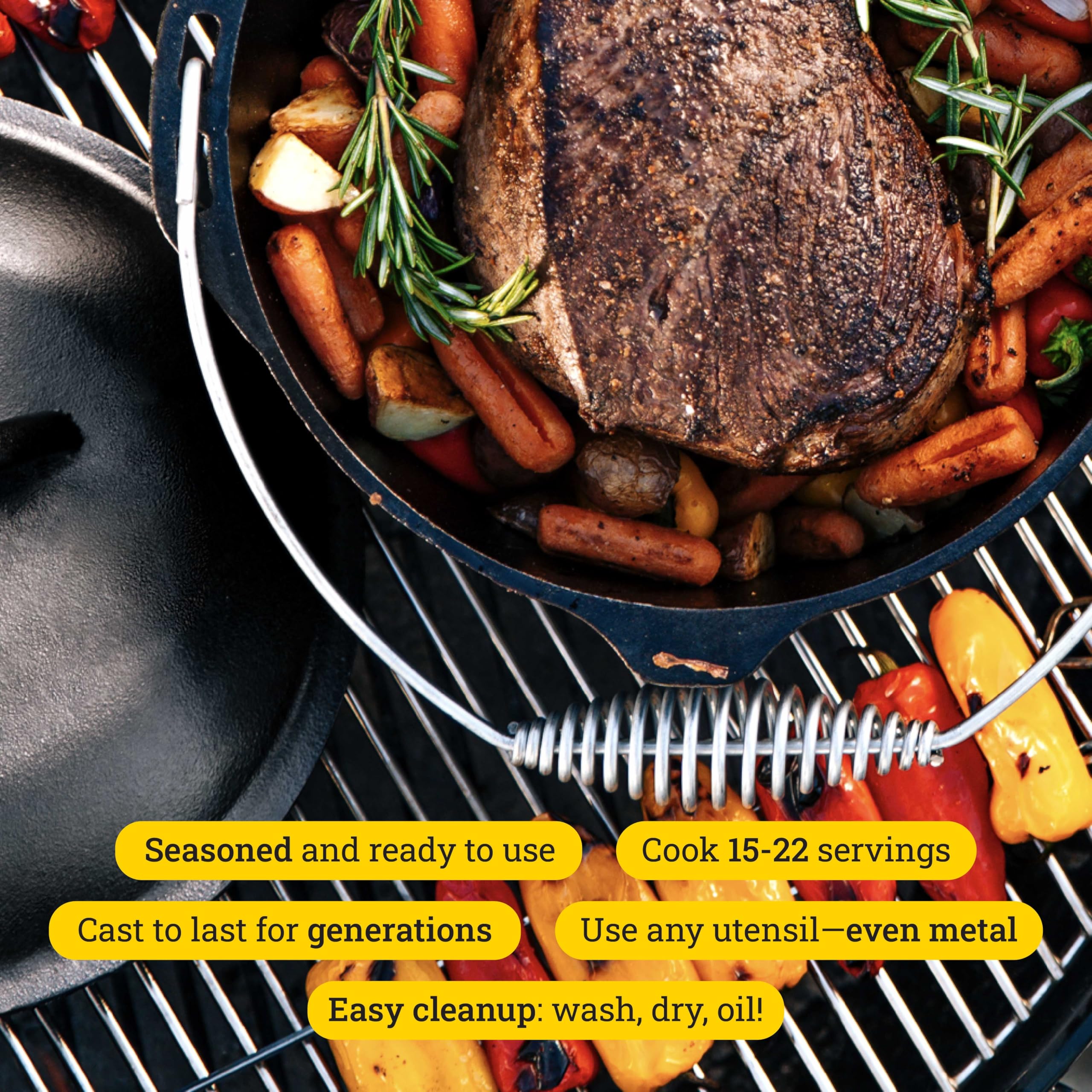 Lodge dutch oven lid closeup highlighting tight-fitting seal for moisture retention
