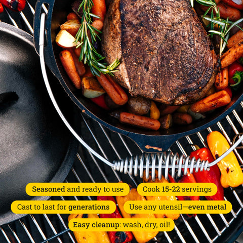 Lodge dutch oven lid closeup highlighting tight-fitting seal for moisture retention