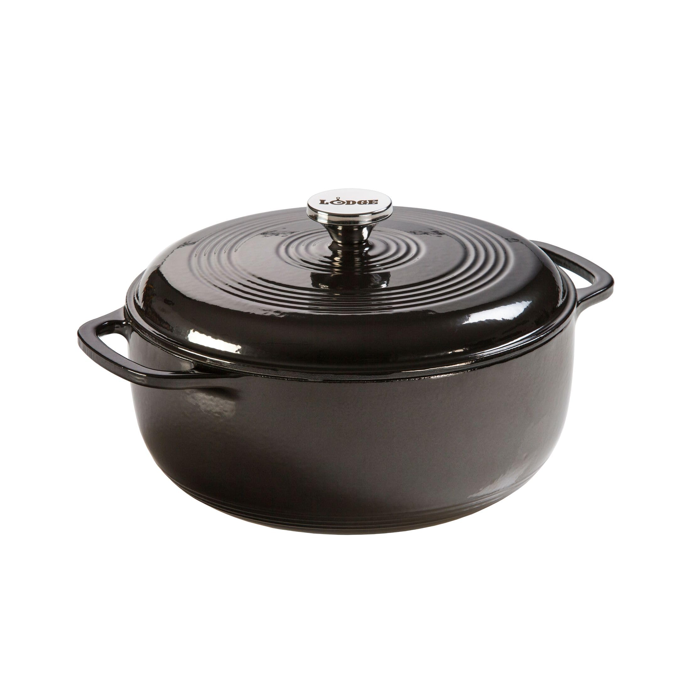 Lodge Dutch oven front view showing midnight chrome finish and durable design