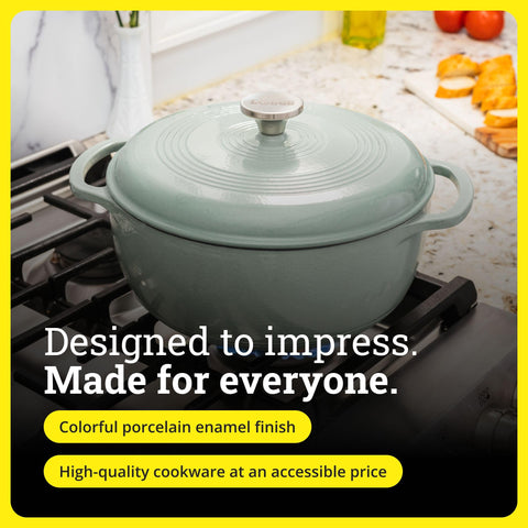 Lodge Dutch oven on table serving stew, adding color and convenience to presentation