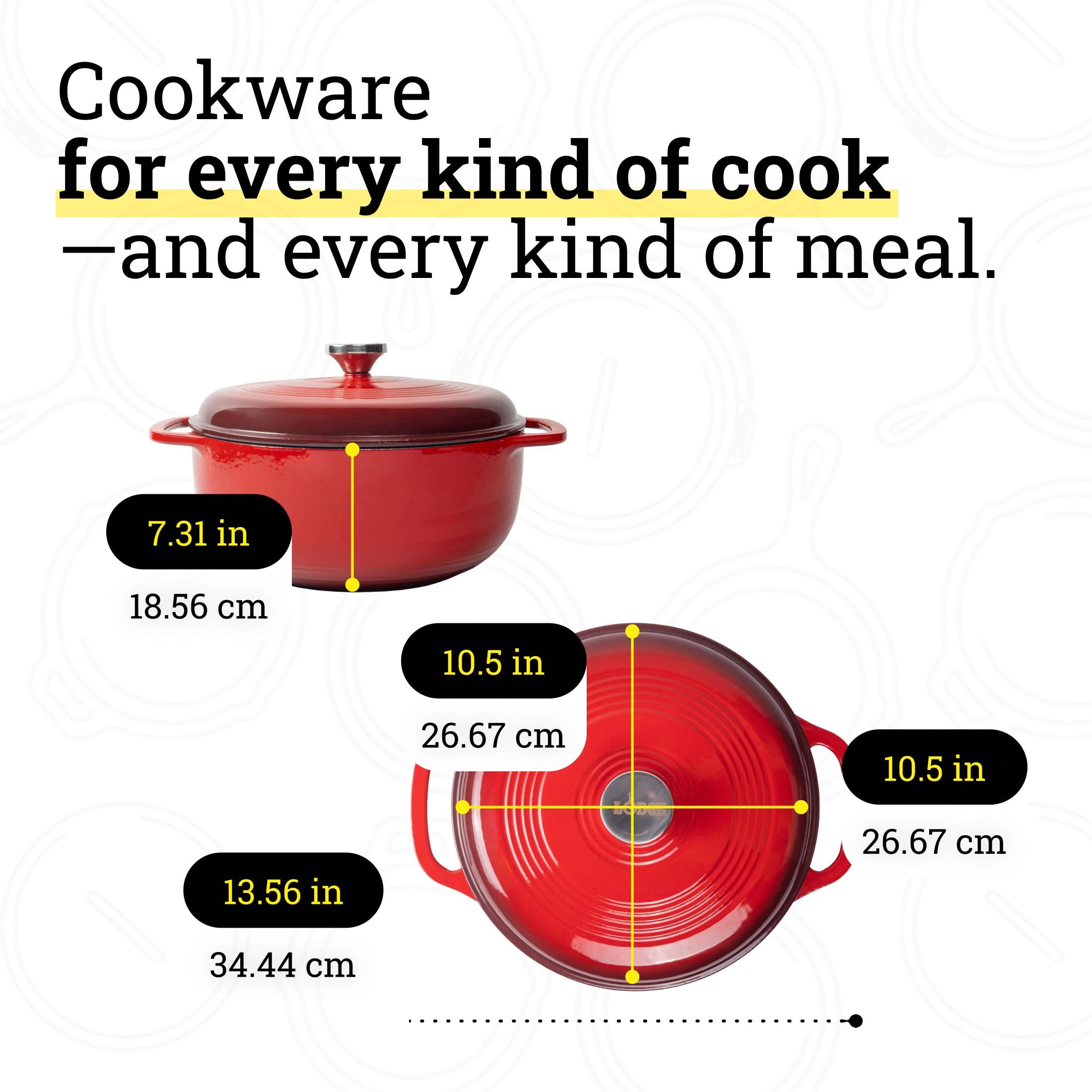 Lodge Dutch oven next to fruit for scale showing 6-quart capacity and family-size portions