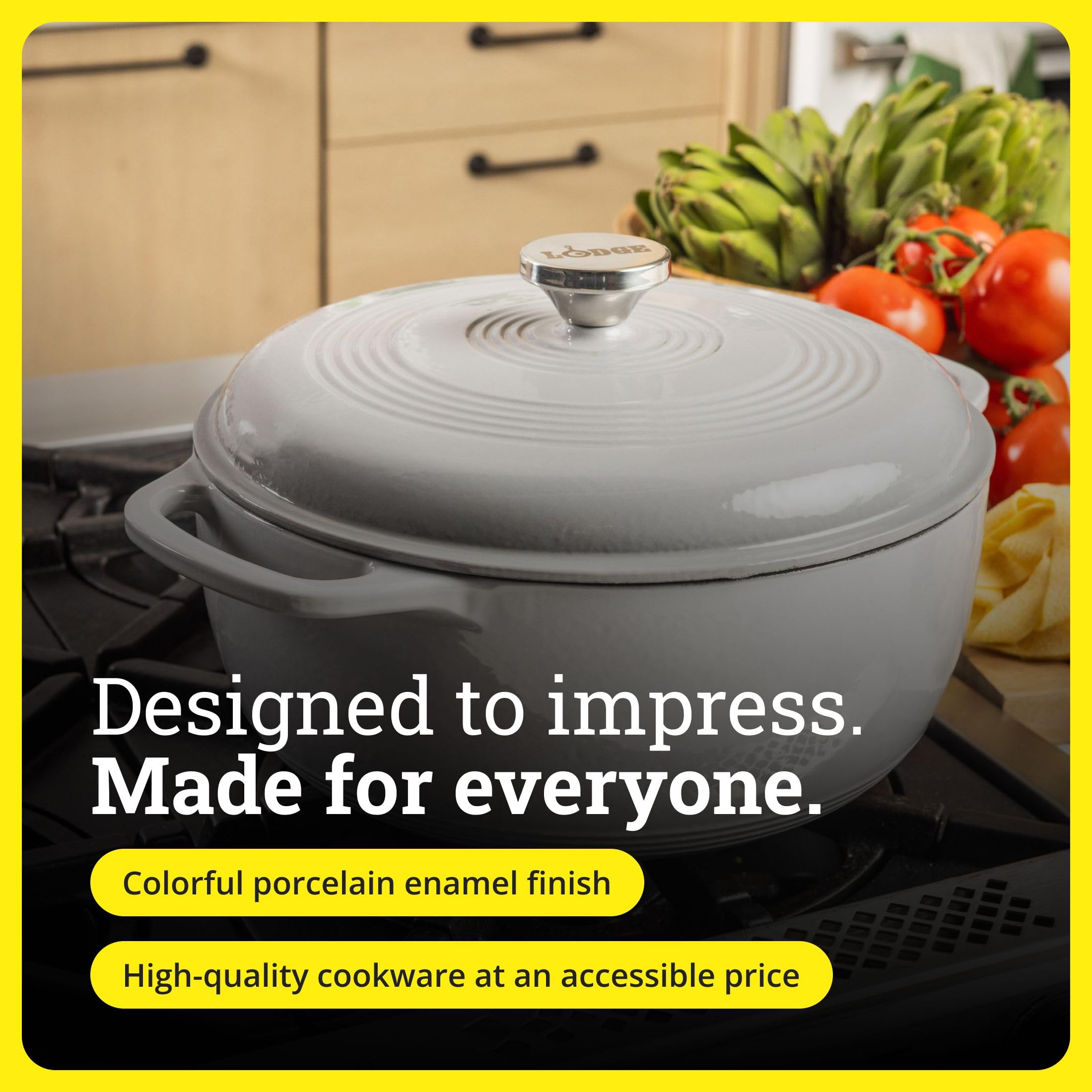 Lodge Dutch oven next to measuring cups to illustrate the 6-quart capacity and family size