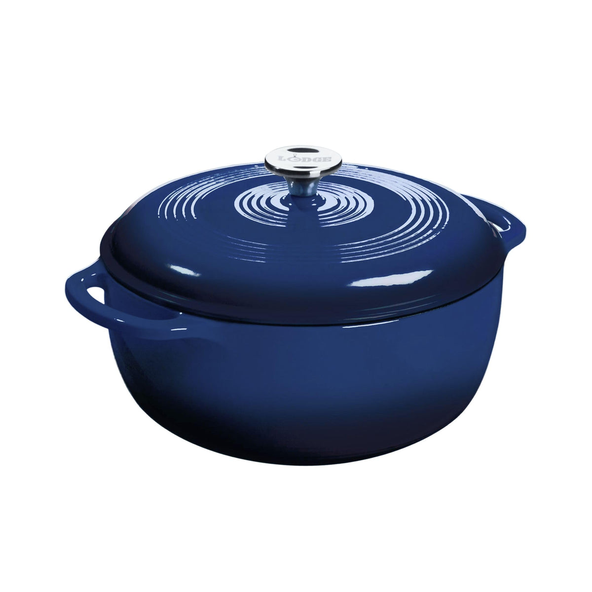 Lodge Dutch oven front view showing indigo enamel and cook-to-serve appeal