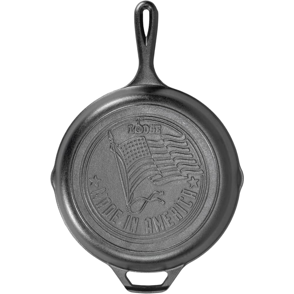 Lodge skillet front view showing American flag design and sturdy handle for patriotic presentation