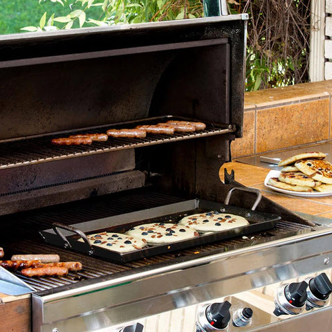 Lodge griddle close-up of seasoned carbon steel surface showing nonstick texture and durability