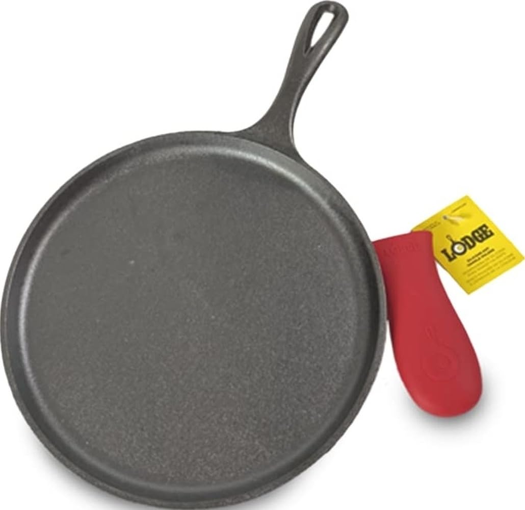Lodge griddle front view showing flat cast iron surface and red handle sleeve for safer grip