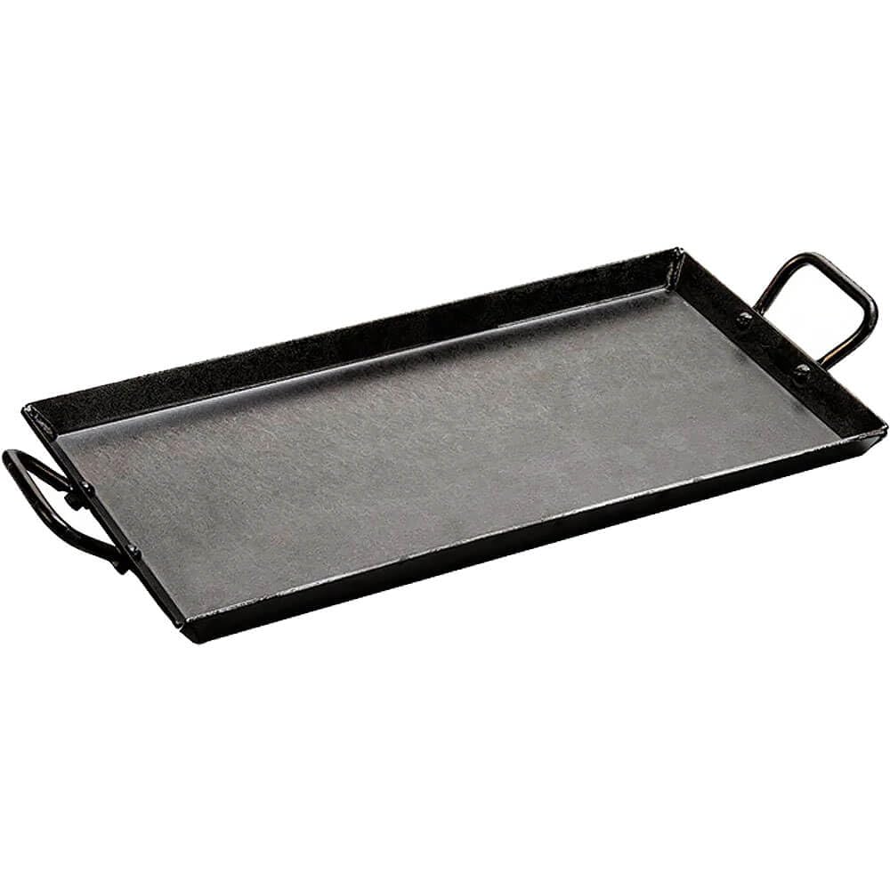 Lodge griddle front view showing flat cooking surface and dual handles for easier lifting