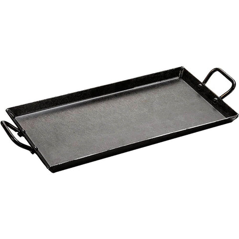 Lodge griddle front view showing flat cooking surface and dual handles for easier lifting
