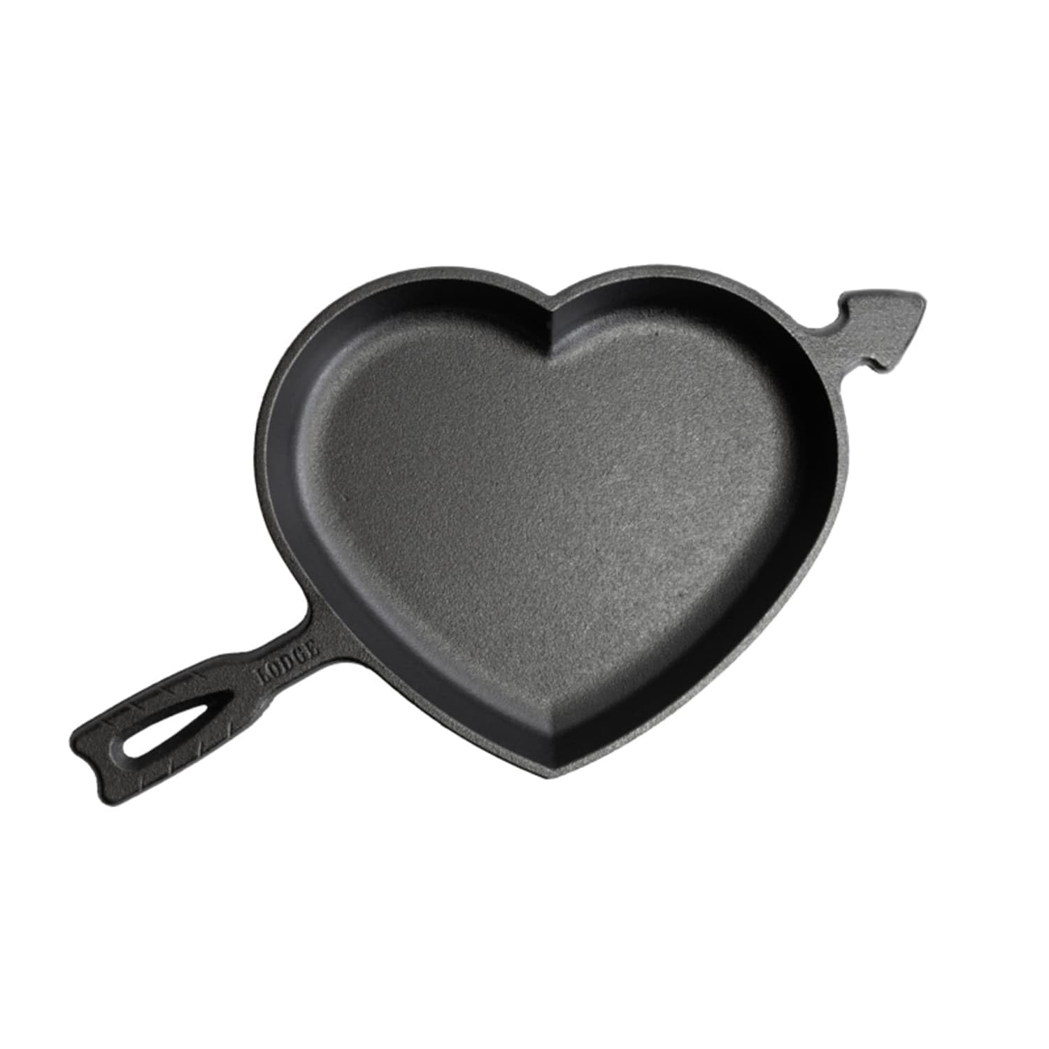 Lodge heart skillet front view showing collectible heart-and-arrow design and cast-iron durability