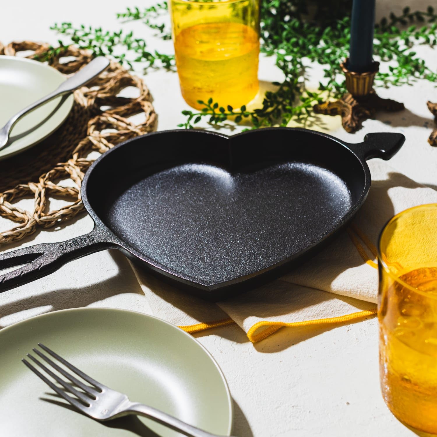 Lodge heart skillet packaging and label showing PFAS-free seasoning and ready-to-use claim
