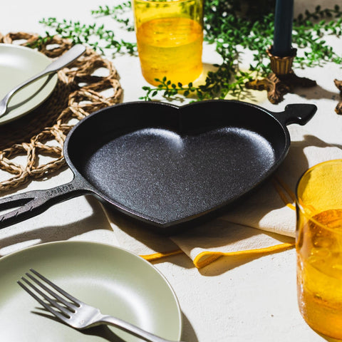 Lodge heart skillet packaging and label showing PFAS-free seasoning and ready-to-use claim