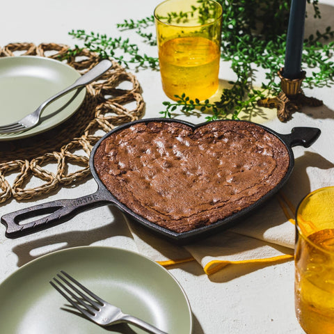 Lodge heart skillet with baked skillet cookie ready to serve for attractive presentation