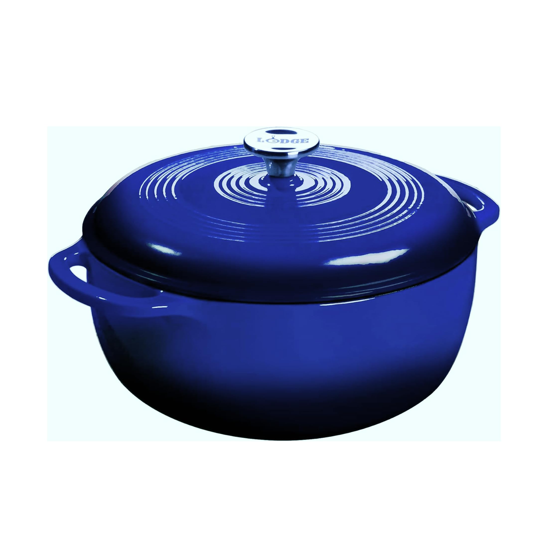 Lodge indigo Dutch oven front view showing color and shape with serving appeal