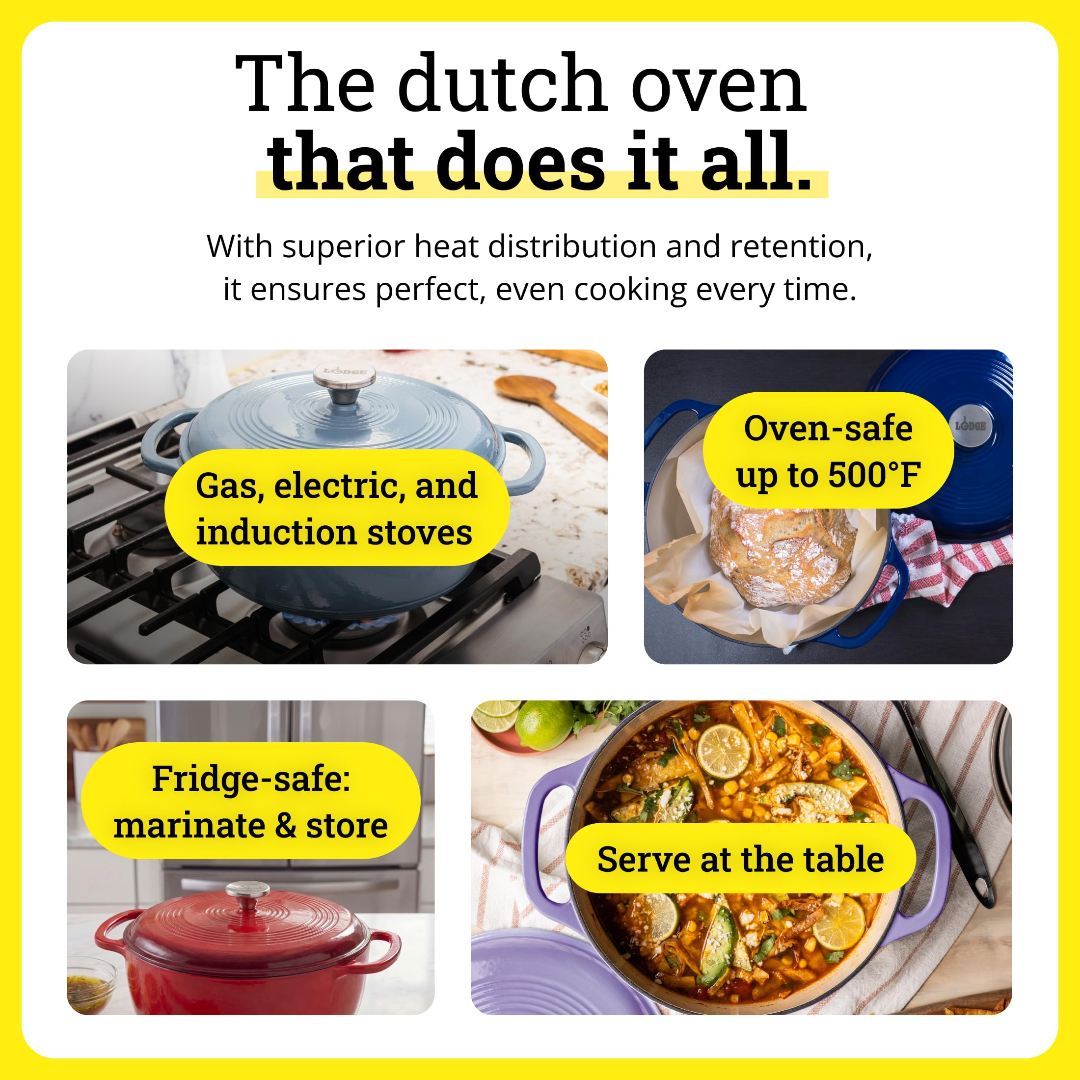 Lodge indigo pot cooking on stovetop illustrating even heat distribution benefit