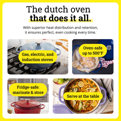 Lodge indigo pot cooking on stovetop illustrating even heat distribution benefit
