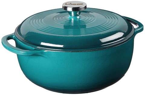 Lodge lagoon Dutch oven front view showing glossy enamel and size benefit