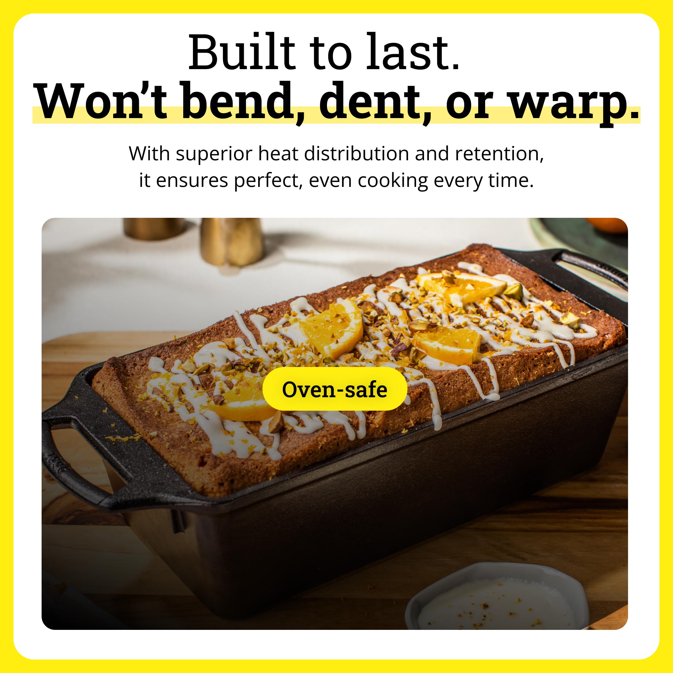 Lodge loaf pan side profile highlighting depth and warp-resistant construction advantage