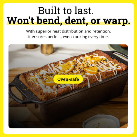 Lodge loaf pan side profile highlighting depth and warp-resistant construction advantage