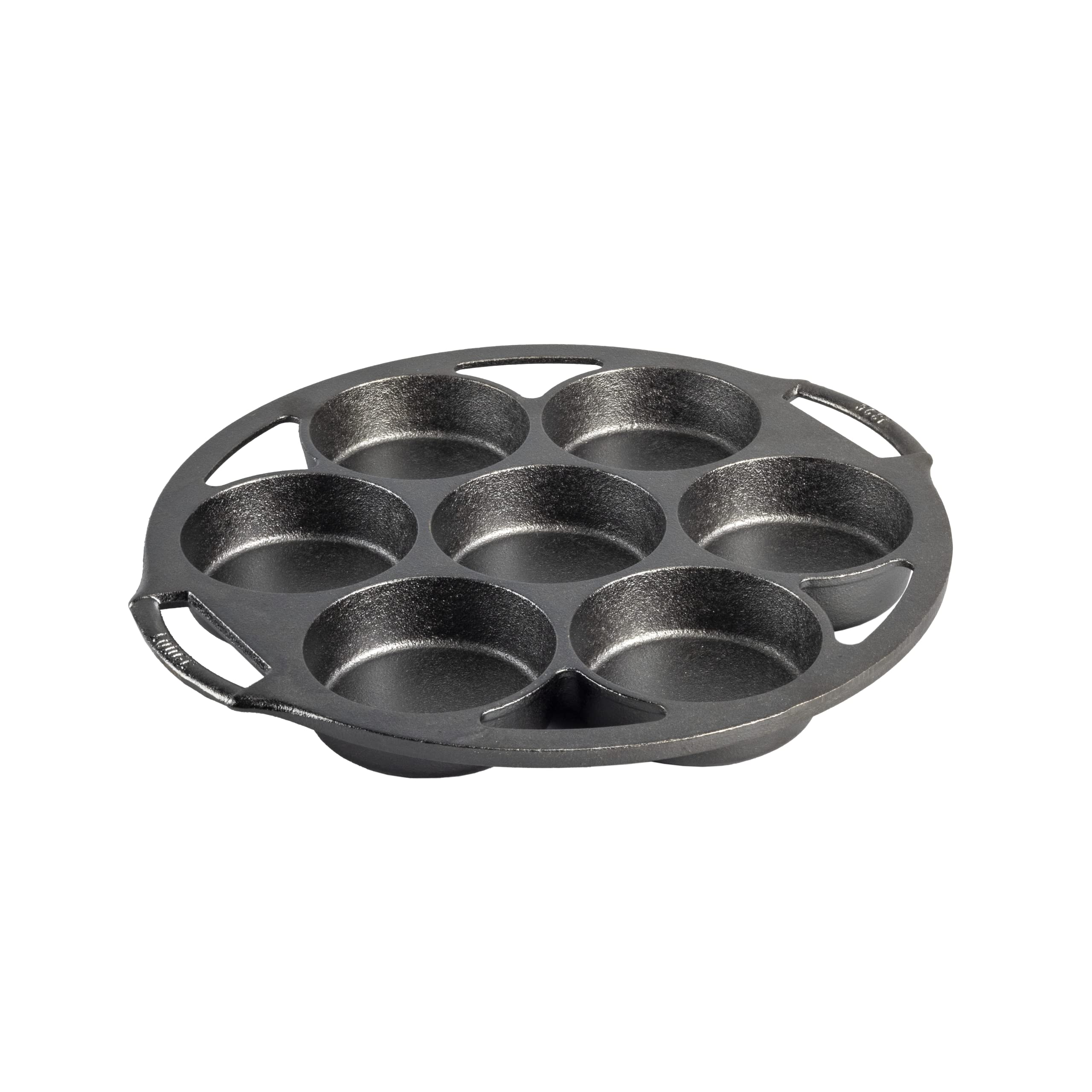 Lodge front view of 7-impression mini cake pan showing durable cast iron and shape benefit: reliable baking