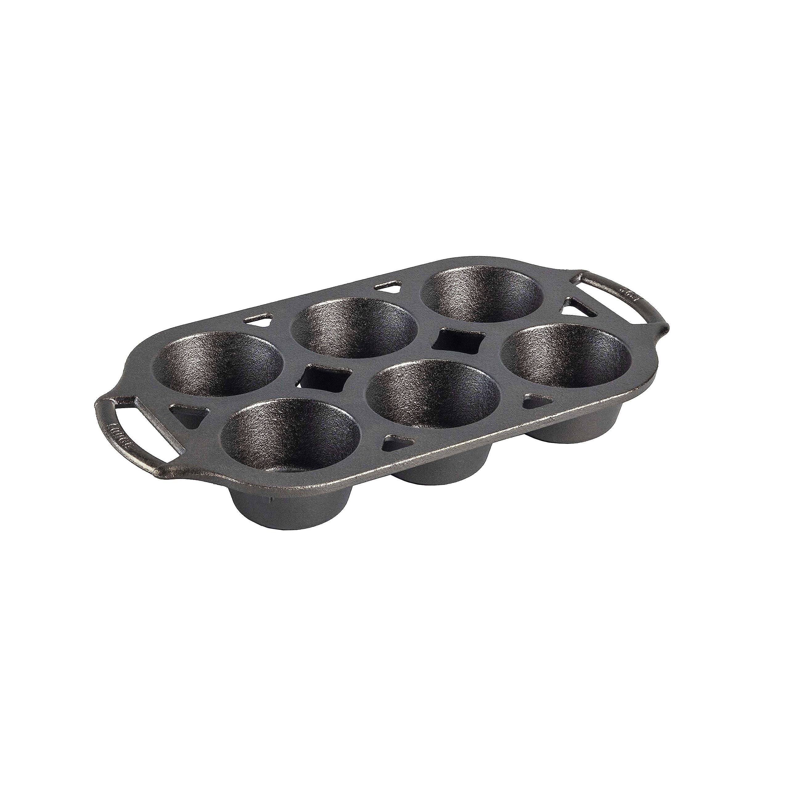 Lodge muffin pan front view showing six wells and sturdy rim for even baking