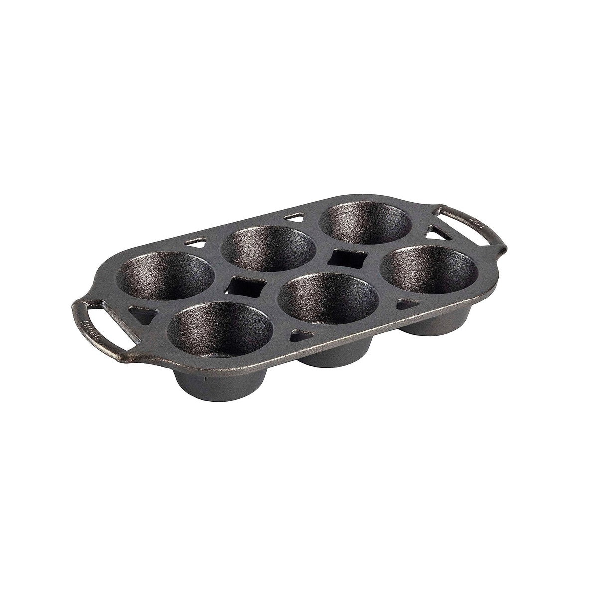 Lodge muffin pan front view showing six wells and sturdy rim for even baking