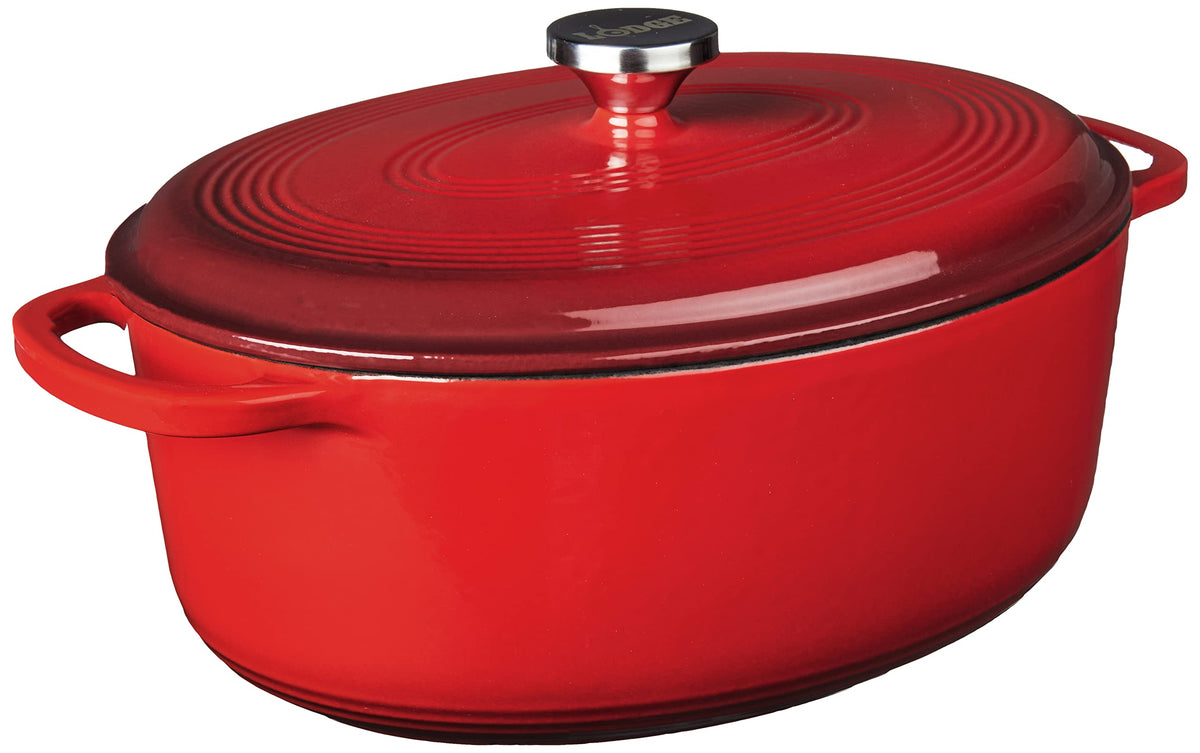 Lodge oval Dutch oven front view showing red exterior and lid, stylish serving benefit