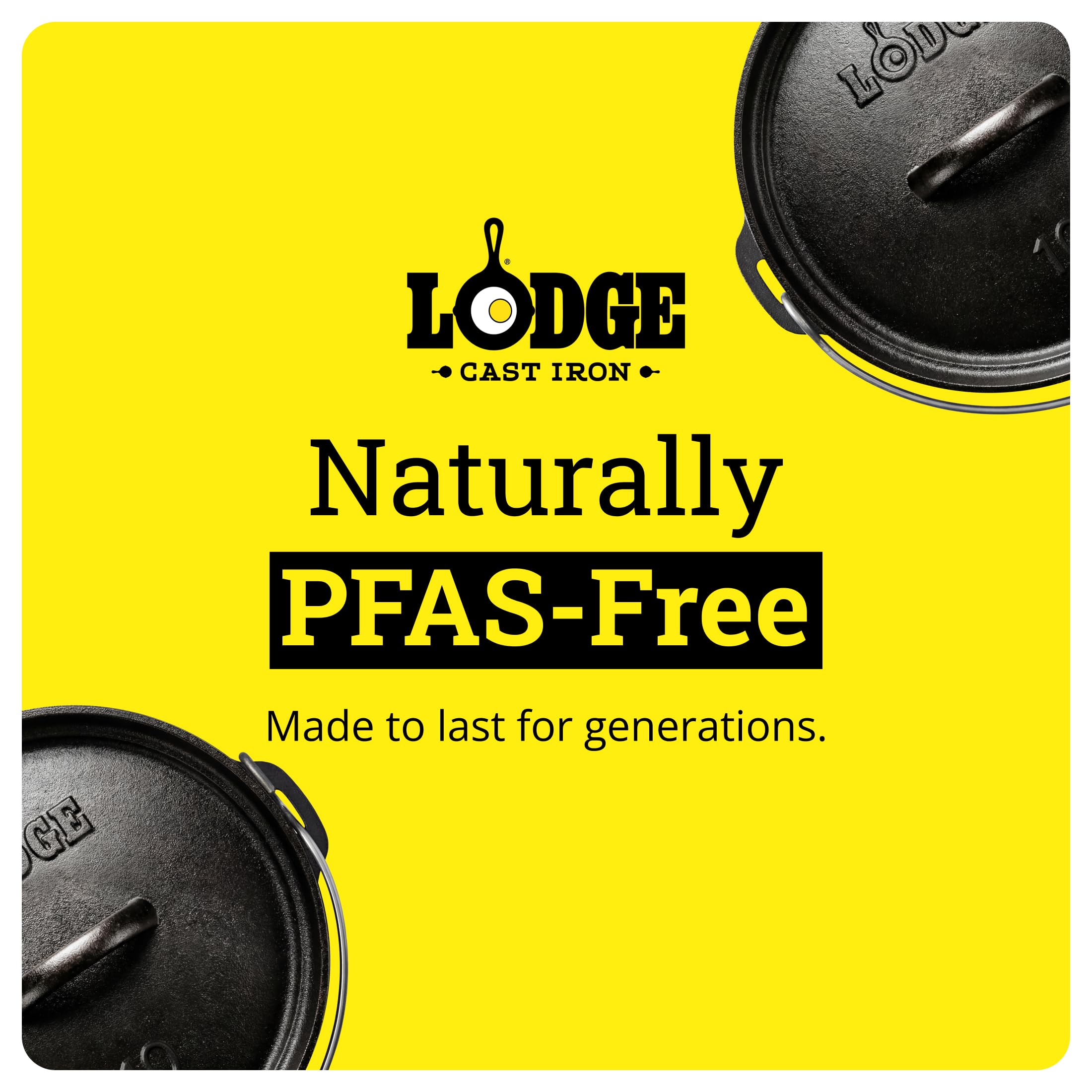 Lodge packaged pre‑seasoned finish highlighting ready‑to‑use, low‑stick cooking benefit