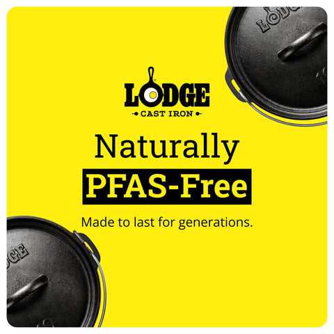 Lodge packaged pre‑seasoned finish highlighting ready‑to‑use, low‑stick cooking benefit