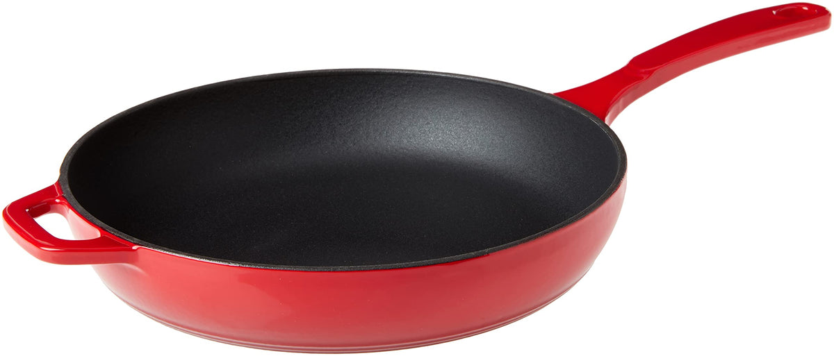 Lodge red skillet front view showing durable enamel and cooking benefit