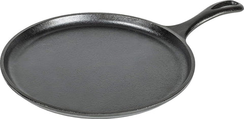Lodge griddle front view showing 10.5-inch round surface and rim, durable cooking tool