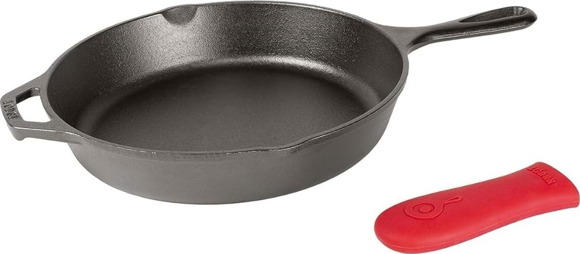 Lodge skillet front view showing seasoned cooking surface and durable rim benefit even browning