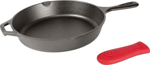 Lodge skillet front view showing seasoned cooking surface and durable rim benefit even browning