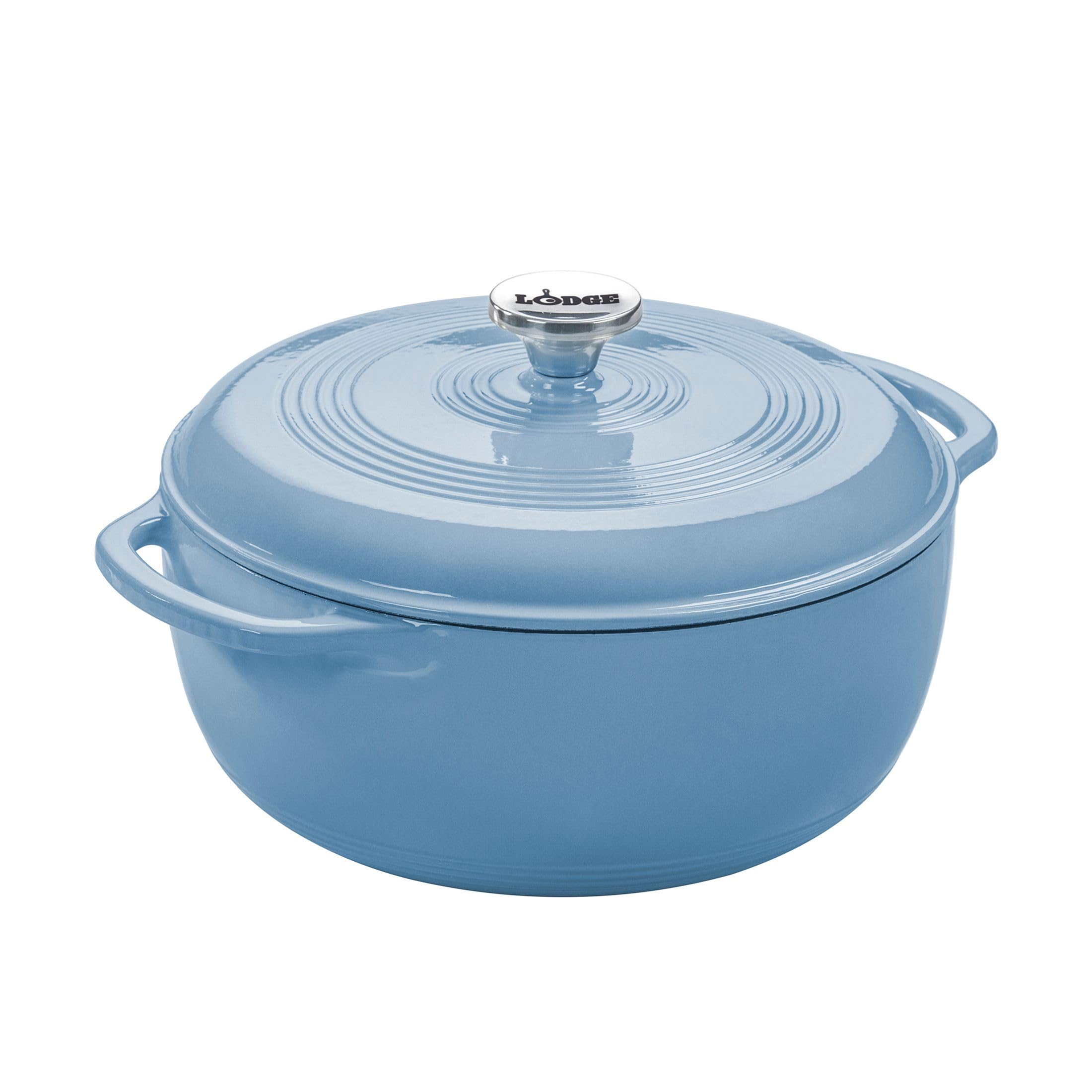 Lodge storm blue Dutch oven front view showing vibrant color and sturdy design benefit: attractive serving