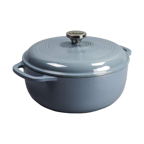 Lodge storm blue front view showing pot and lid, attractive serving piece benefit