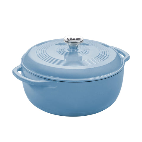 Lodge storm blue Dutch oven front view showing vibrant color and sturdy design benefit: attractive serving