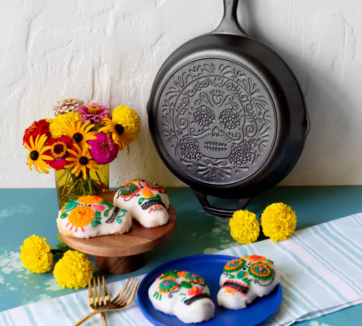 Lodge skillet beside ruler to show 10.25 inch size for portion planning