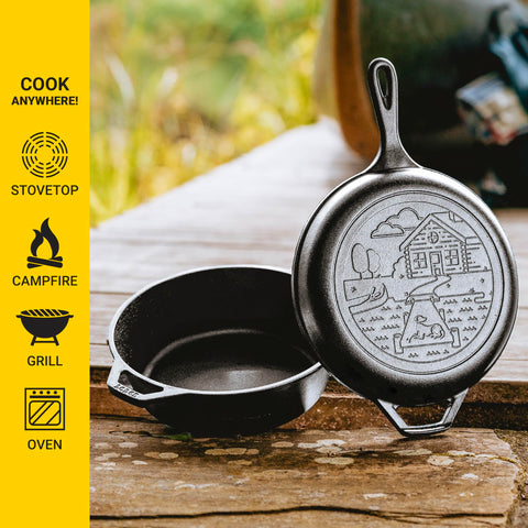 Lodge deep skillet cooking stew illustrating even heat retention