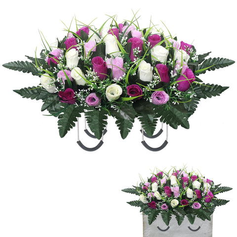 Lodou front view packaging showing purple and white flower saddle benefit: ready-to-place memorial decor